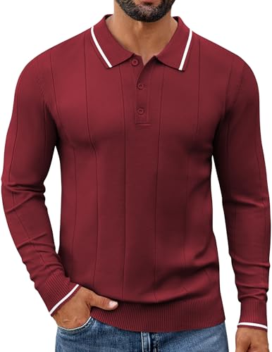 COOFANDY Polo Pullover Herren Strickpullover Sommer Poloshirt Langarm Kragenpullover Leichter Gestreift Business Pulli Weinrot S von COOFANDY