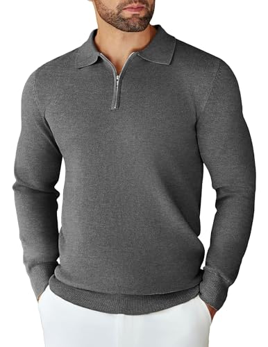 COOFANDY Polo Pullover Herren Strickpullover Zip Pullover Sweater Arbeitspullover Basic Sweatshirt Männer Langarmpullover Pulli Mittelgrau XL von COOFANDY