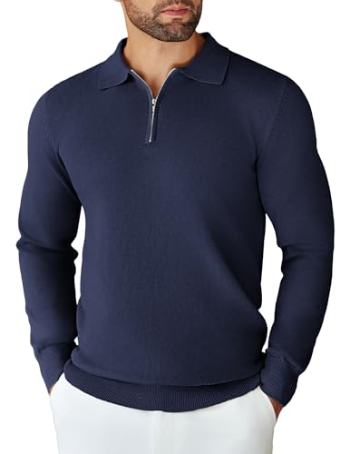 COOFANDY Polo Pullover für Herren Half Zip Strickpullover Basic Sweater Männer Arbeitspullover Langarmpullover Pulli Marineblau L von COOFANDY