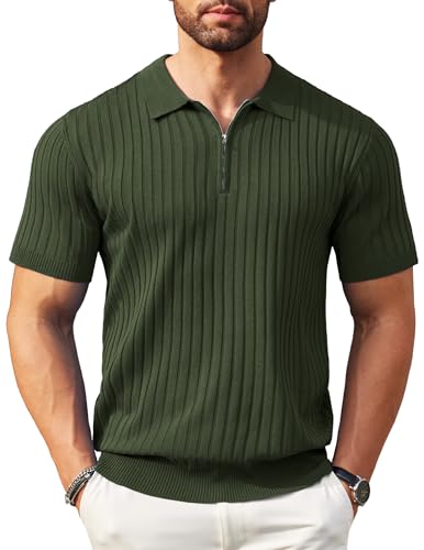 COOFANDY Polo Shirt Herren Sommer Kurzarm Polohemd mit Reißverschluss Strick Slim Fit Retro Männer Polo Hemd Armeegrün XL von COOFANDY