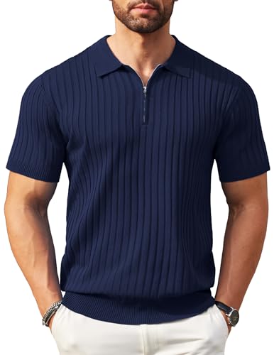COOFANDY Poloshirt Herren Kurzarm Golf Polohemd mit Reißverschluss Stretch Strick Work Sport Männer Polo Shirt Navy Blau XXL von COOFANDY