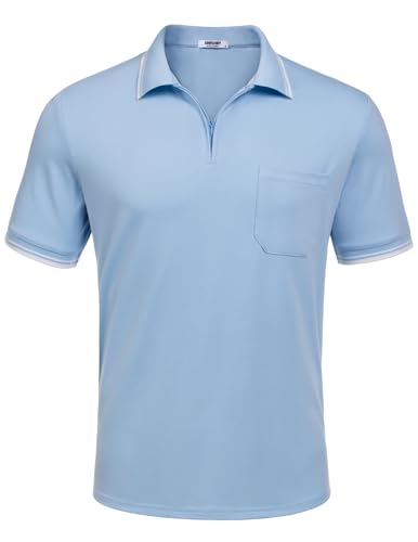 COOFANDY Poloshirt Herren Kurzarm Golf Poloshirts mit Tasche Polo Tshirt Basic Herren T-Shirt Polohemd Sommer Einfarbig T-Shirt Business Oberteil Slim Fit A-Hellblau L von COOFANDY