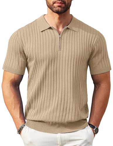 COOFANDY Poloshirt Herren Kurzarm Golf Slim Fit Polohemd Sport Strick Polyester Polo Shirt mit Reißverschluss Khaki 4XL von COOFANDY