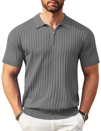 COOFANDY Poloshirt Herren Kurzarm Golf Strick Polo Shirt mit Reißverschluss Funktions Sport Männer Polohemd Dunkelgrau L von COOFANDY