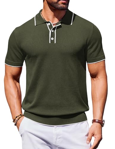 COOFANDY Poloshirt Herren Kurzarm Sommer Männer T-Shirt mit Knopfleiste Gestricktes Golf Polohemd Slim Fit Freizeit Armeegrün M von COOFANDY
