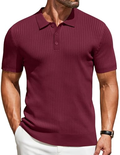 COOFANDY Poloshirt Herren Kurzarm Strick Polo Männer T-Shirt mit Knopfleiste Gestricktes Golf Polohemd Slim Fit Weinrot L von COOFANDY