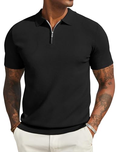 COOFANDY Poloshirt Herren Kurzarm Sommer Einfarbig Polo Shirts für Herren Strick Reißverschluss Polohemd Golf Shirts Schwarz XXL von COOFANDY