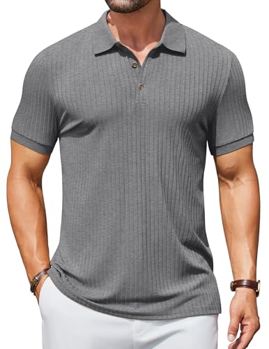 COOFANDY Poloshirt Herren Kurzarm Strick Polo T-Shirt mit Knöpfe Sommer Polohemd Geripptes Stretch Shirt Mittelgrau XXL von COOFANDY