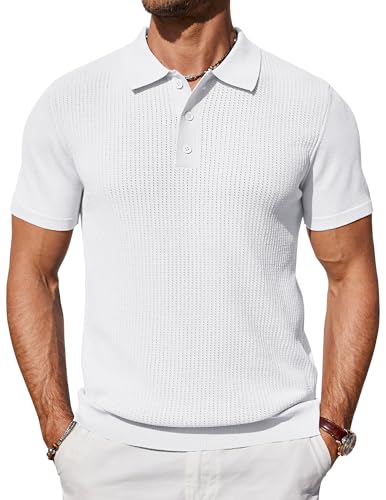 COOFANDY Poloshirt Herren Kurzarm Strick Polo Shirt Sommer Freizeit Polohemden Slim Fit Golf Weiß XXL von COOFANDY