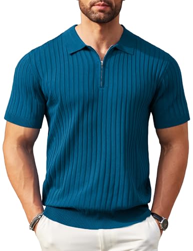 COOFANDY Poloshirt Herren Kurzarm Strick Polo Shirts mit Reißverschluss Golf Slim Fit Poloshirt Business Polohemd Jeansblau L von COOFANDY