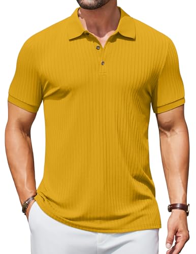 COOFANDY Poloshirt Herren Strick Polo Shirt Kurzarm Sommer Polohemd mit Knöpfe T-Shirt Geripptes Stretch Golf Shirts Turmeric S von COOFANDY