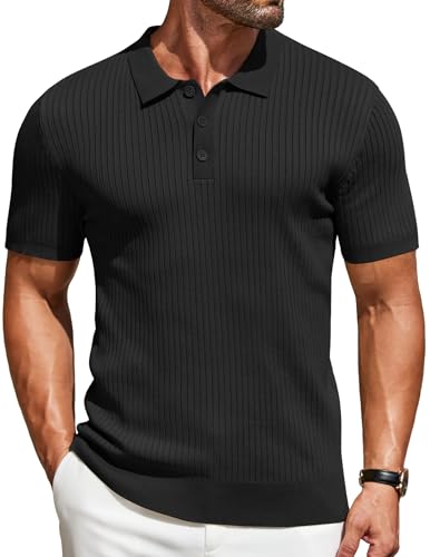 COOFANDY Poloshirt Herren Kurzarm Strick Polo T-Shirt Feinstrick Sommer Shirts Business Polohemd Männer Golf Tops Schwarz XL von COOFANDY