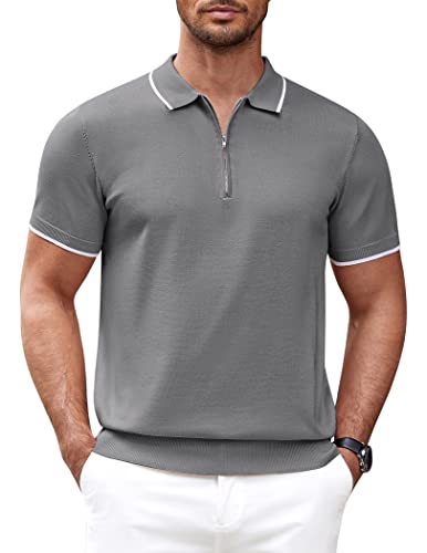 COOFANDY Poloshirt Herren Kurzarm Strick Polo T-Shirt mit Reißverschluss Knit Polohemd Sommer Tshirt mit Polokragen Golf Shirts Grau M von COOFANDY