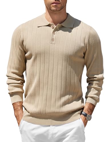 COOFANDY Poloshirt Herren Langarm Business Polo Pullover Mit Knopfleiste Dünner Strick Langarmshirt Streifen Khaki L COOFANDY Poloshirt Herren Langarm Business Polo Pullover Mit Knopfleiste Dünner Strick Langarmshirt Streifen Khaki L von COOFANDY