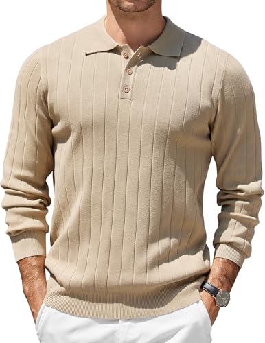 COOFANDY Poloshirt Herren Langarm Business Polo Pullover Mit Knopfleiste Dünner Strick Langarmshirt Streifen Khaki M von COOFANDY