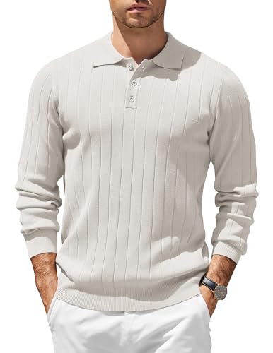 COOFANDY Poloshirt Herren Langarm Business Pullover Mit Polokragen Knopfleiste Strickpullover Regular Fit Weiß M von COOFANDY
