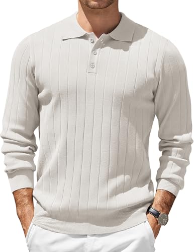 COOFANDY Poloshirt Herren Langarm Business Pullover Mit Polokragen Knopfleiste Strickpullover Regular Fit Weiß XXXL von COOFANDY