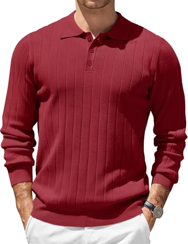 COOFANDY Poloshirt Herren Langarm Feinstrick Business Pullover Mit Polokragen Gestreift Regular Fit Weinrot L von COOFANDY