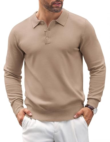 COOFANDY Poloshirt Herren Langarm Polo Pullover Mit Polokragen Strickpullover Business Pullover Winter Pulli mit Knopf Khaki XXL von COOFANDY
