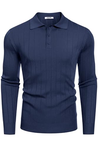 COOFANDY Poloshirt Herren Langarm Polo Pullover Strick Business Polohemd mit Vertikalem Streifen Navy Blau XXL von COOFANDY