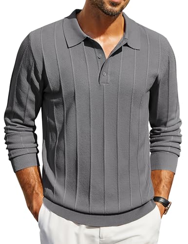 COOFANDY Poloshirt Herren Langarm Polo Pullover Strickpullover Business Pullover mit Polokragen Strick Poloshirt Gestreift Pulli mit Hemdkragen Winterpullover Dunkelgrau S von COOFANDY