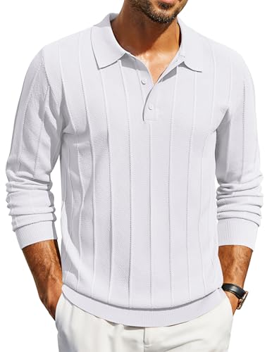 COOFANDY Poloshirt Herren Langarm Polo Pullover Strickpullover Business Pullover mit Polokragen Strick Poloshirt Gestreift Pulli mit Hemdkragen Winterpullover Weiß L von COOFANDY