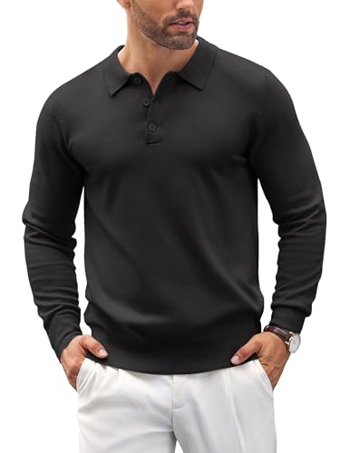 COOFANDY Poloshirt Herren Langarm Polo Pullover Strickpullover Strick Poloshirt Herrenpullover Langarm Schwarz XXL von COOFANDY
