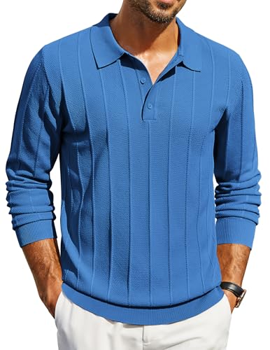 COOFANDY Poloshirt Herren Langarm Polo Pullover Strickpullover mit Polokragen Business Pullover mit Knopfleiste Polohemd Herren Langarm Herrenpullover Streifen Blau L von COOFANDY