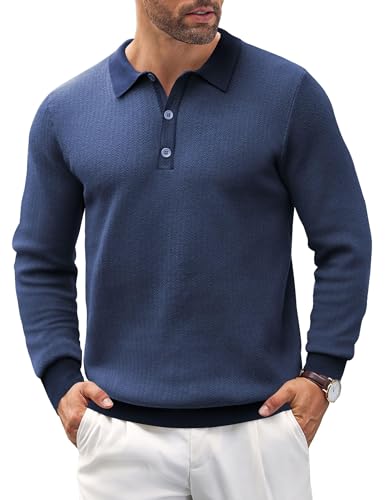 COOFANDY Poloshirt Herren Langarm Polo Strickpullover mit Polokragen Strick Poloshirt Business Pullover Dunkelblau XXL von COOFANDY