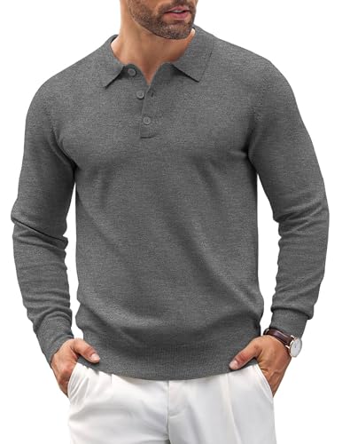 COOFANDY Poloshirt Herren Langarm Polo Strickpullover mit Polokragen Strick Poloshirt Business Pullover Dunkelgrau XL von COOFANDY