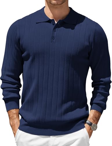 COOFANDY Poloshirt Herren Langarm Strick Business Polo Pullover mit Vertikalem Streifen Navy Blau XXL von COOFANDY