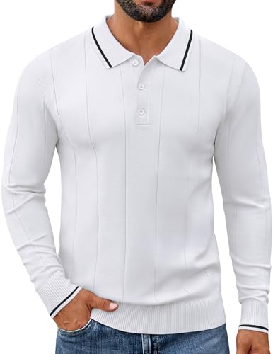 COOFANDY Poloshirt Herren Langarm Strickpullover Männer Winter Pullover Business Langarmshirt Slim Fit Golf Polo Weiß M von COOFANDY