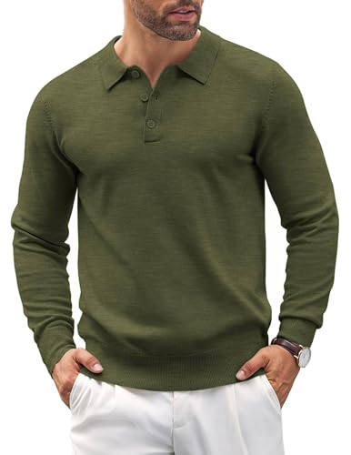 COOFANDY Poloshirt Herren Langarm Strickpullover Polo Langarm Poloshirt Pullover mit Polokragen Winterpullover Casual Armeegrün 3XL von COOFANDY