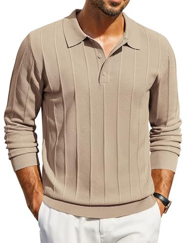 COOFANDY Poloshirt Herren Langarm Strickpullover Polo Pullover Casual Business Pullover mit Hemdkragen Polokragen Pullover Winterpullover Strick Polohemd Langarm Khaki L von COOFANDY