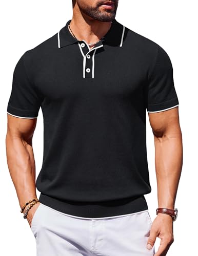 COOFANDY Poloshirt Herren Strick Poloshirt Sommer Kurzarm Polo Männer Golf T-Shirt Feinstrick Basic Shirt 1/4 Button Down Schwarz XXL von COOFANDY