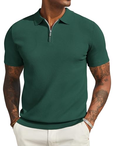 COOFANDY Poloshirt Herren Sommer Reißverschluss Strick Poloshirts für Herren Kurzarm Männer Polohemd Einfarbig Golf T Shirts Dunkelgrün XXL von COOFANDY