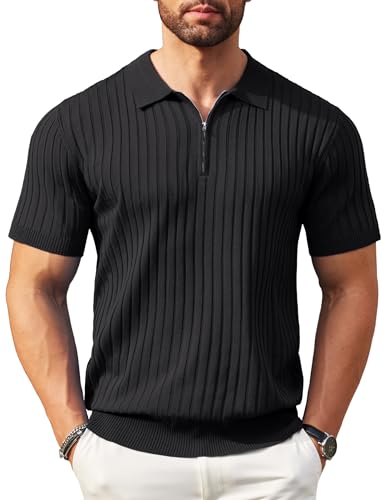 COOFANDY Poloshirt Herren Sommer Strick Kurzarm Polo Shirts mit Reißverschluss Business Stretch Golf Polohemd Schwarz XXL von COOFANDY