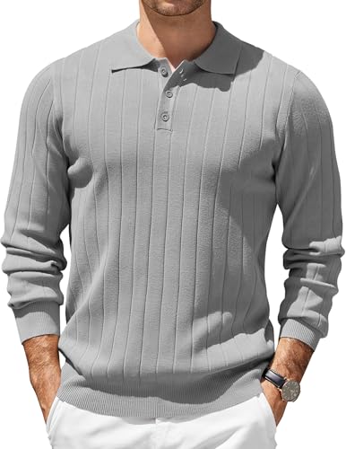 COOFANDY Poloshirt Herren Strick Langarm Dünner Strickpullover Mit Knopfleiste Business Strick Polo Pulli Hellgrau M von COOFANDY