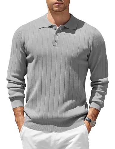 COOFANDY Poloshirt Herren Strick Langarm Dünner Strickpullover Mit Knopfleiste Business Strick Polo Pulli Hellgrau XXL von COOFANDY