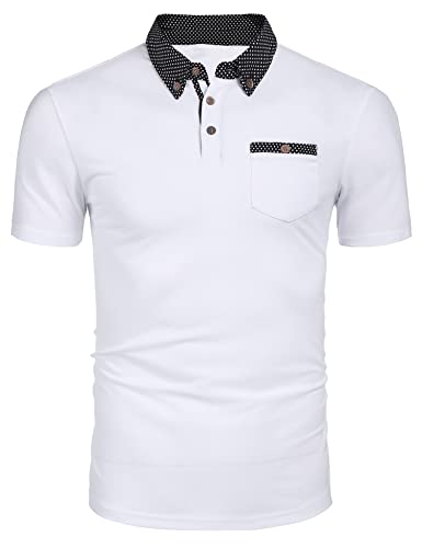 COOFANDY Poloshirt Herren Tshirts Kurzarm Polo Regular Fit Sommer mit Brusttasche Golf Sports Polohemd Männer Weiß L von COOFANDY