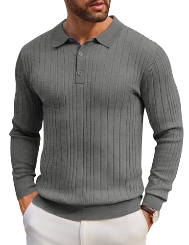 COOFANDY Poloshirt Langarm Feinstrick Herren Langärmliges Strickpullover mit Polokragen Winter Strick Schmale und Breite Streifen Polohemd Grao S von COOFANDY