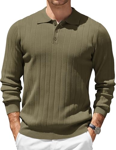 COOFANDY Poloshirt Langarm Herren Business Pullover Mit Polokragen Dünner Strick Polo Langarmshirt Armeegrün M von COOFANDY