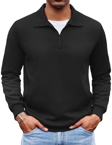 COOFANDY Poloshirt Langarm Herren Quarter Zip Pullover mit Tasche Stretch Business Polo Schwarz S von COOFANDY