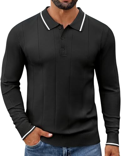 COOFANDY Langarm Poloshirt Herren Regular Fit Strickpullover Slim Fit Winterpullover Thermo Pullover Ohne Kapuze Kragenpullover Schwarz XL von COOFANDY