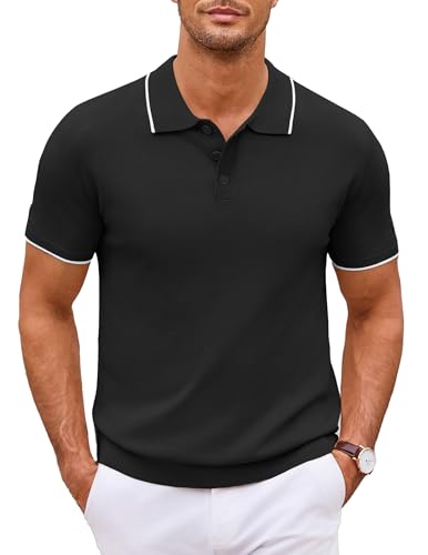 COOFANDY Poloshirt Strick Herren Kurzarm Regular Fit Freizeit Gestricktes Polohemd Sommer Golf Shirt Kontras Polokragen T-Shirt Schwarz (weiß gestreift) XL von COOFANDY