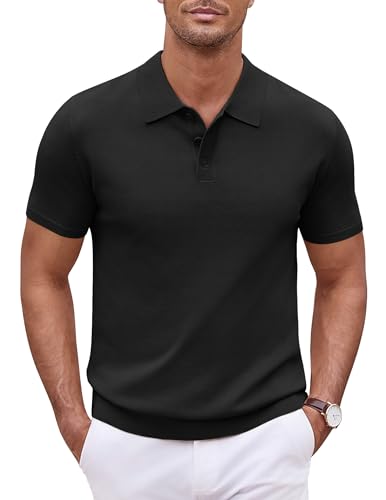 COOFANDY Poloshirt für Herren Classic Kurzarm Strick Sommer Sport Polo Tees Freizeit Golf Tennis Oberteile Schwarz L von COOFANDY