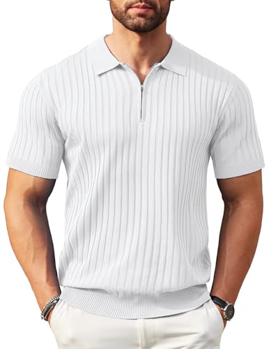 COOFANDY Poloshirts für Herren Kurzarm Golf Streifen Polohemd mit Reißverschluss Leichtes Sommer Strick Business Männer Poloshirts Weiß XXL von COOFANDY