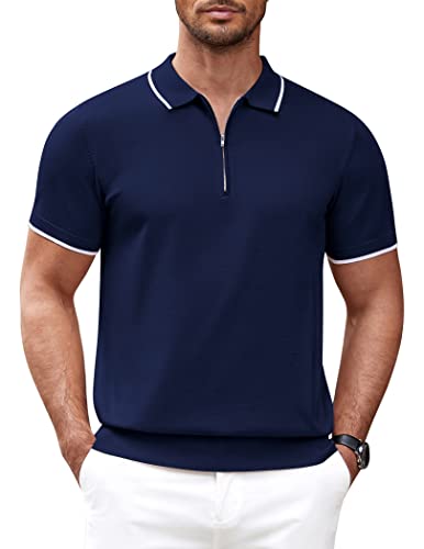 COOFANDY Poloshirts für Herren Kurzarm Polohemd Regular Fit Strick Polo T-Shirt mit Reißverschluss Freizeit Sommer Golf Shirt Dunkelblau S von COOFANDY