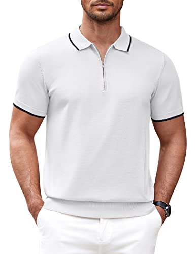 COOFANDY Poloshirts mit Reißverschluss Herren Kurzarm Polohemd Strick Casual Zip Shirt Sommer Golf Polo Hemd Weiß XXL von COOFANDY