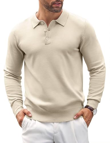 COOFANDY Pullover Für Herren Poloshirt Langarm Strickpullover Pullover Männer Business Winterpullover Poloshirts Regular Fit Solid Oberteile Creme 3XL von COOFANDY